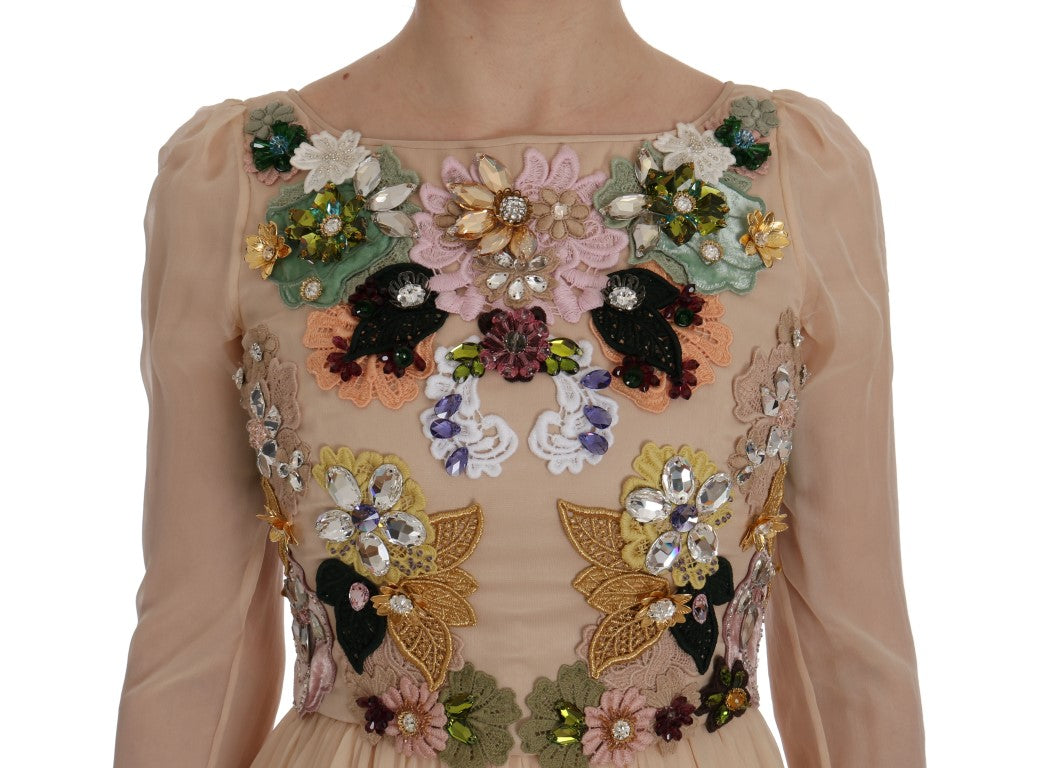 Robe longue en soie rose à fleurs et cristaux Dolce & Gabbana