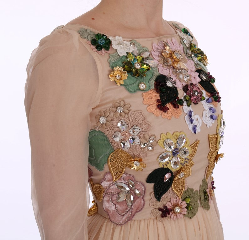 Robe longue en soie rose à fleurs et cristaux Dolce & Gabbana