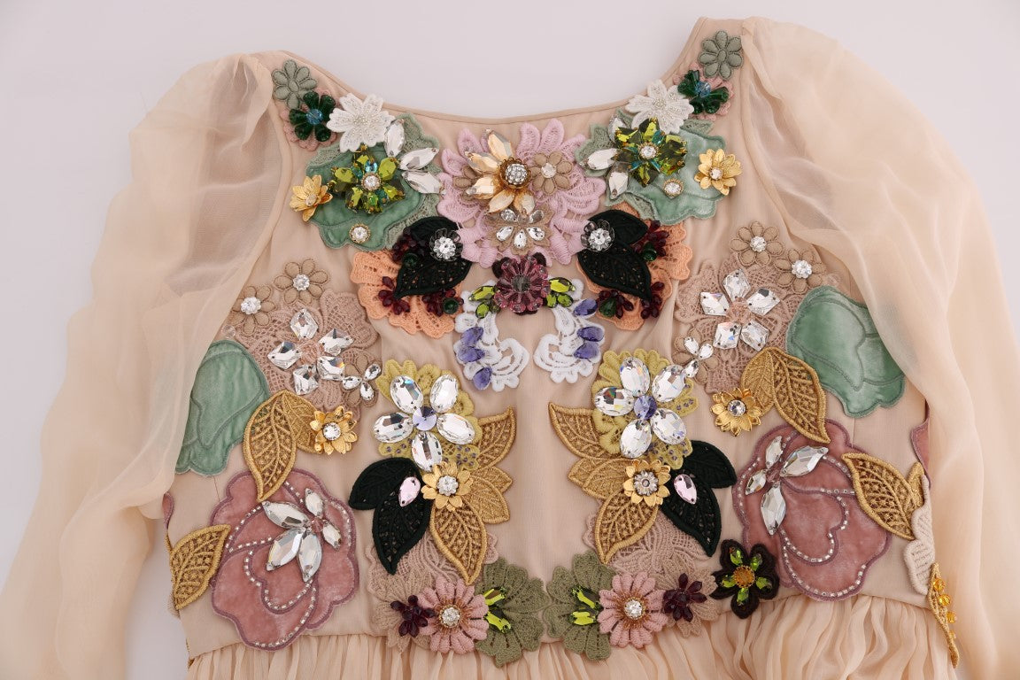 Robe longue en soie rose à fleurs et cristaux Dolce & Gabbana