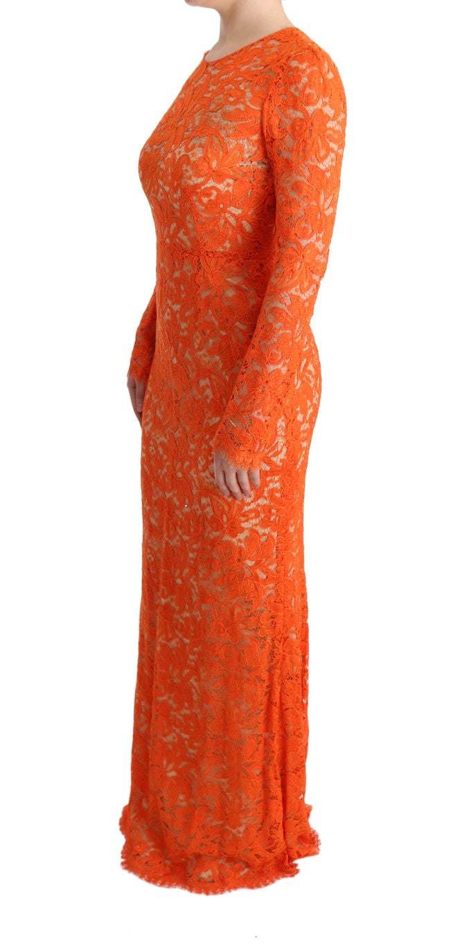 Robe fourreau longue à broderies florales orange Dolce & Gabbana