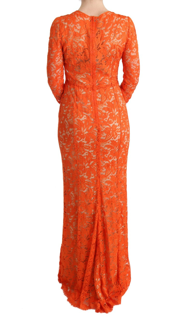 Robe fourreau longue à broderies florales orange Dolce & Gabbana