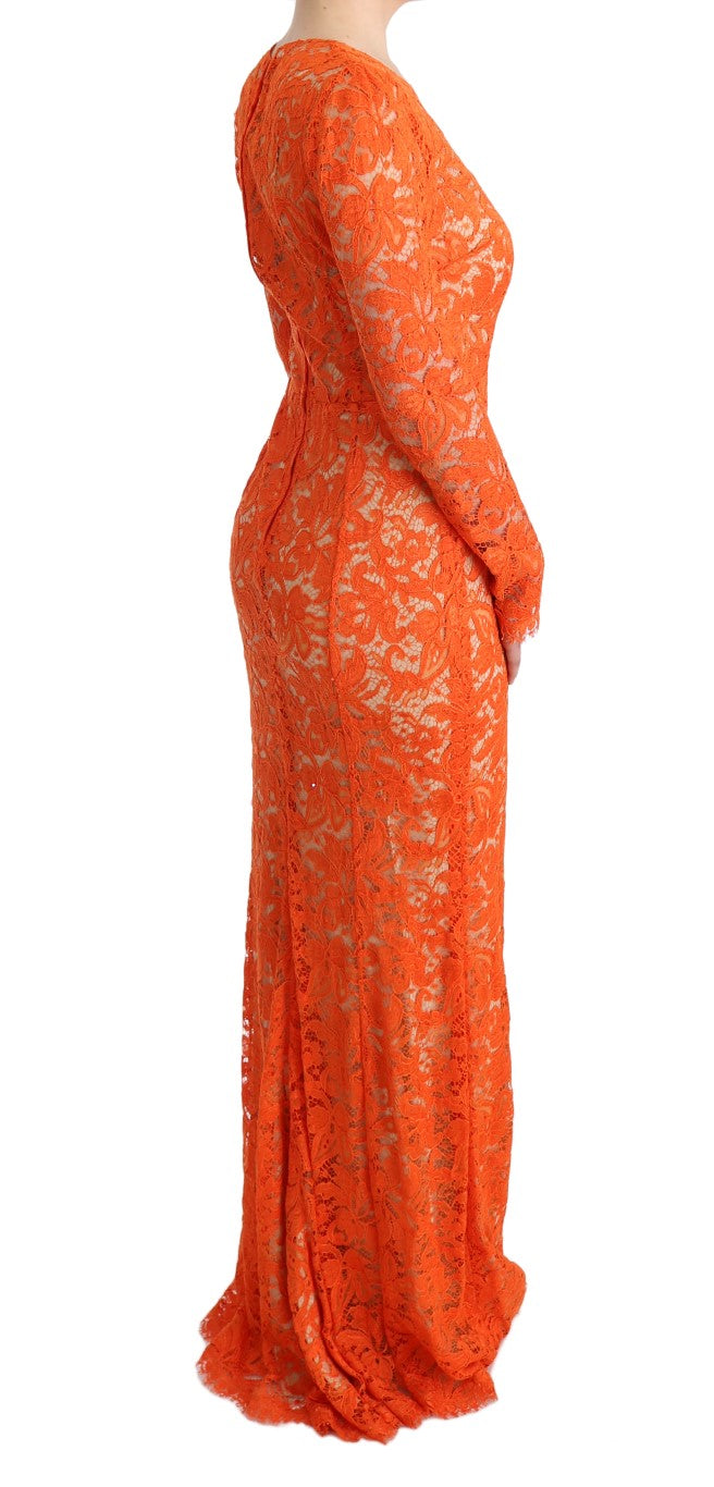 Robe fourreau longue à broderies florales orange Dolce & Gabbana