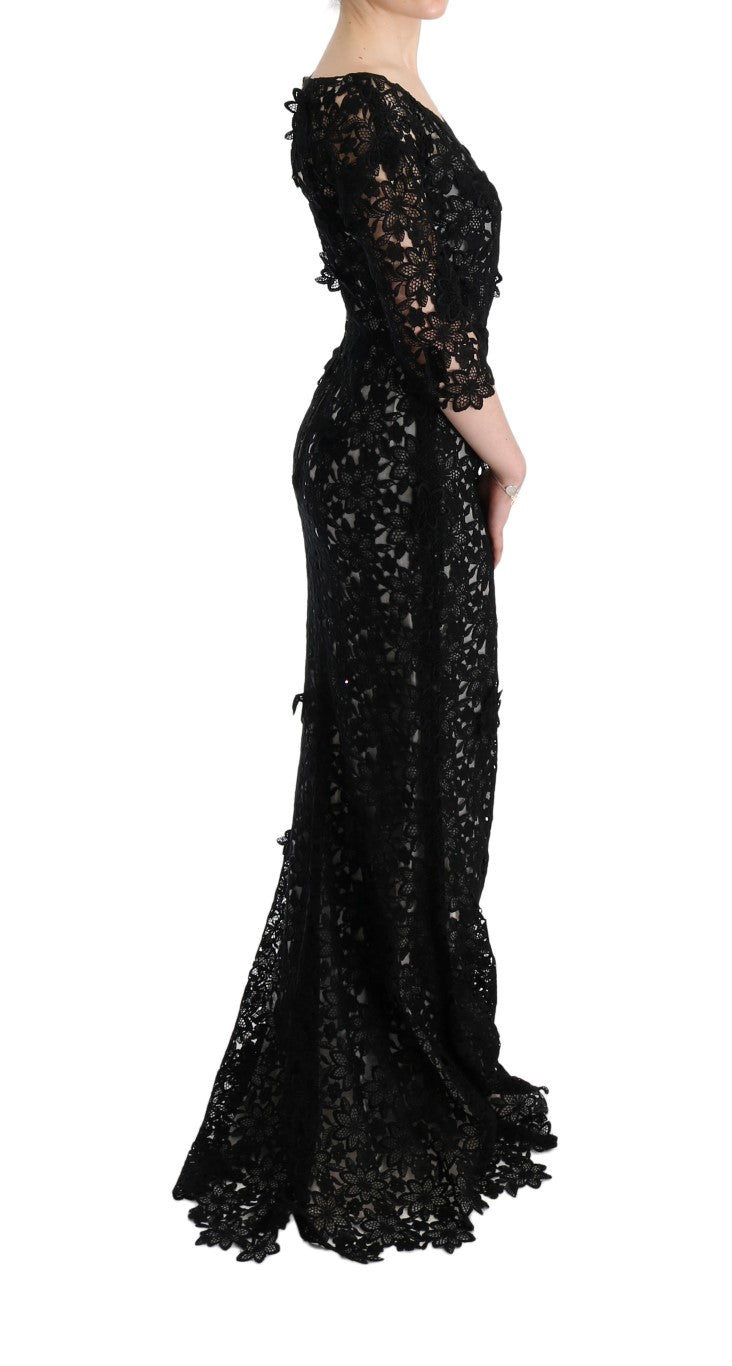 Robe longue fleurie en coton et soie noire Dolce & Gabbana