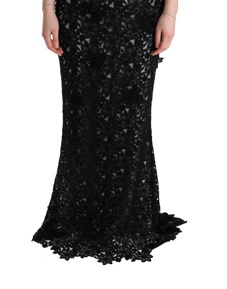Robe longue fleurie en coton et soie noire Dolce & Gabbana
