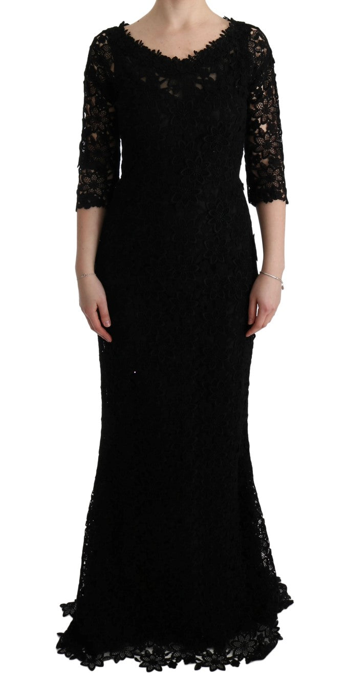 Robe fourreau longue noire à broderies florales Dolce & Gabbana