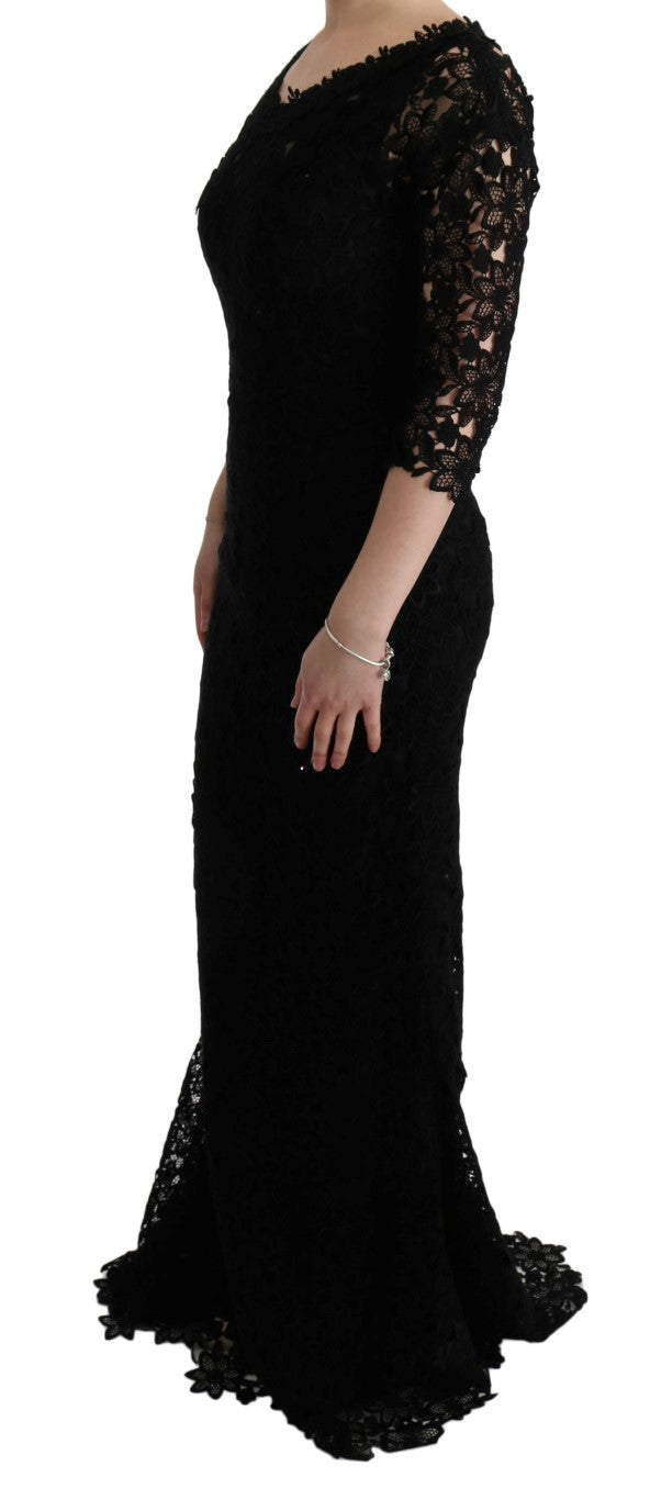 Robe fourreau longue noire à broderies florales Dolce & Gabbana