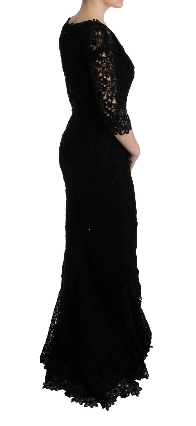 Robe fourreau longue noire à broderies florales Dolce & Gabbana