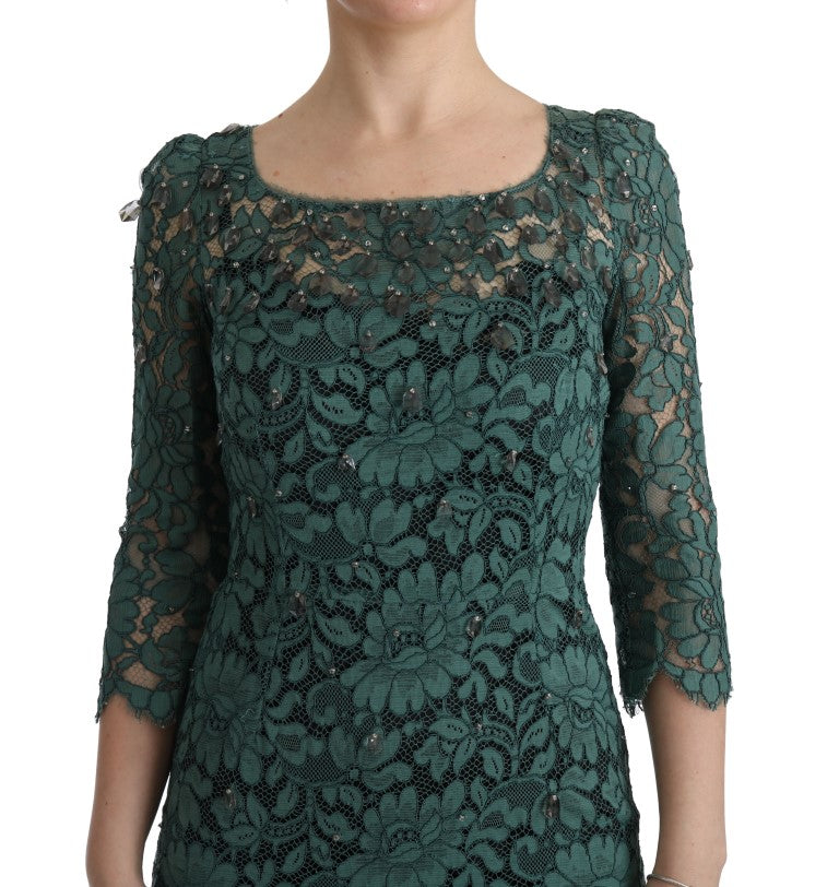 Robe fourreau verte à broderies florales et cristaux Dolce & Gabbana