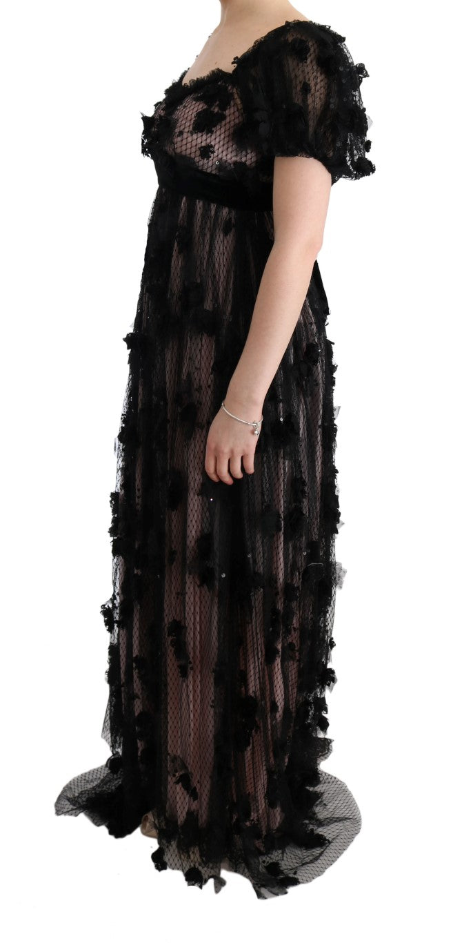 Robe droite en soie noire et rose à appliques Dolce & Gabbana