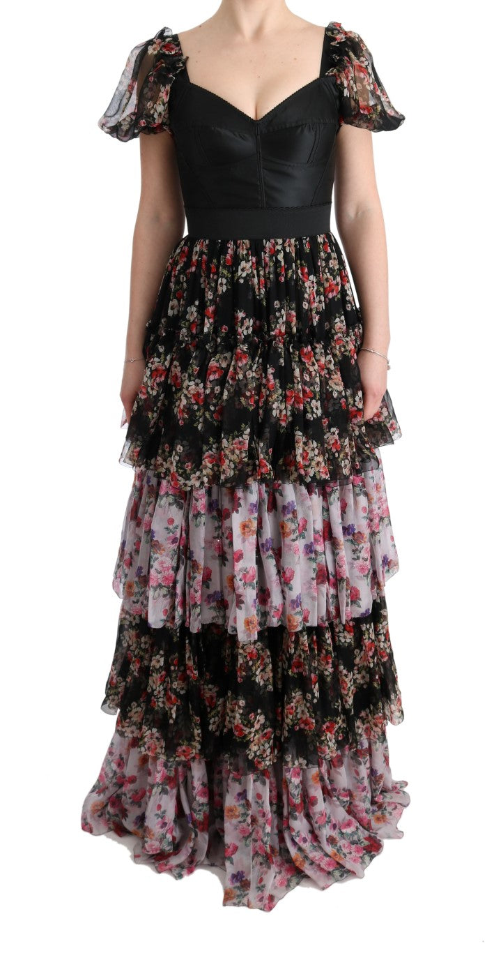 Robe longue droite en soie stretch multicolore à fleurs Dolce & Gabbana