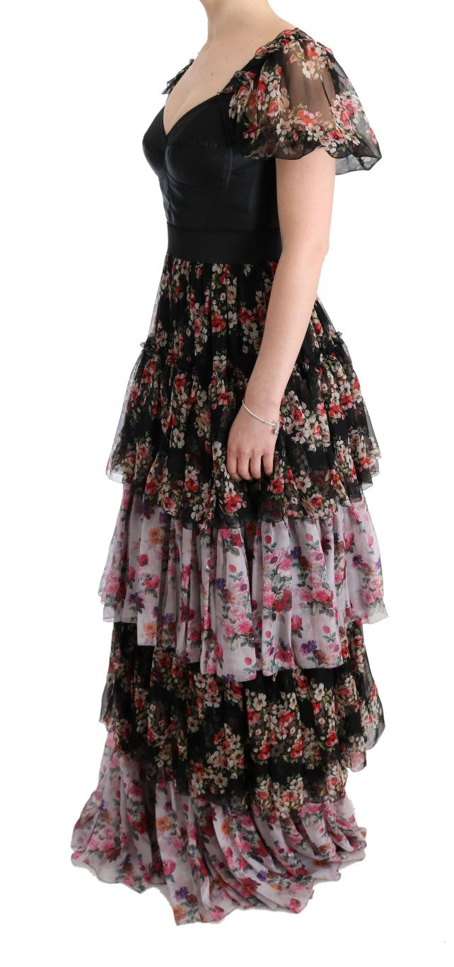 Robe longue droite en soie stretch multicolore à fleurs Dolce & Gabbana