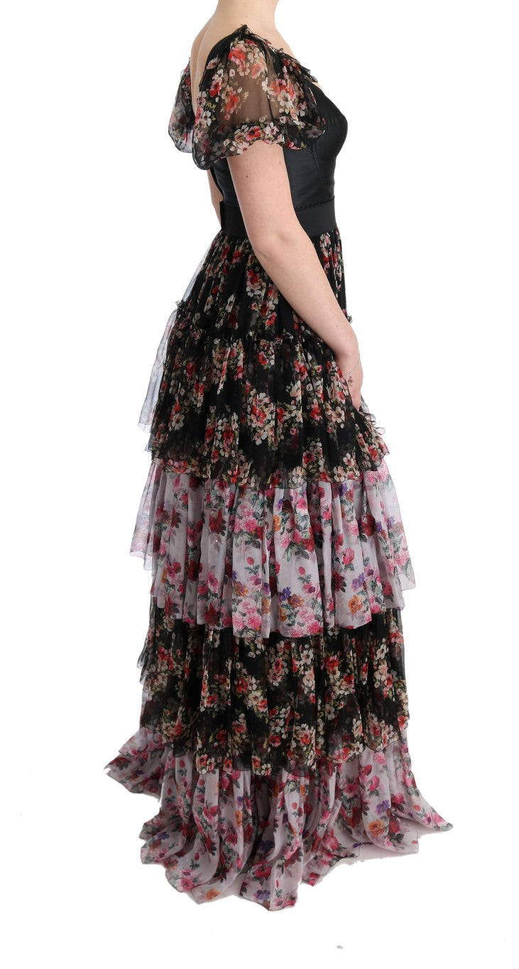 Robe longue droite en soie stretch multicolore à fleurs Dolce & Gabbana