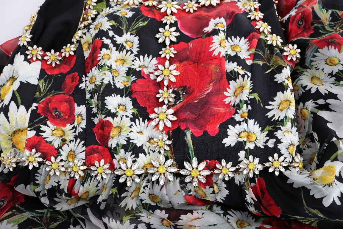 Dolce & Gabbana, mehrfarbiges langes Maxikleid aus Seide mit Blumenmuster und Kristallen