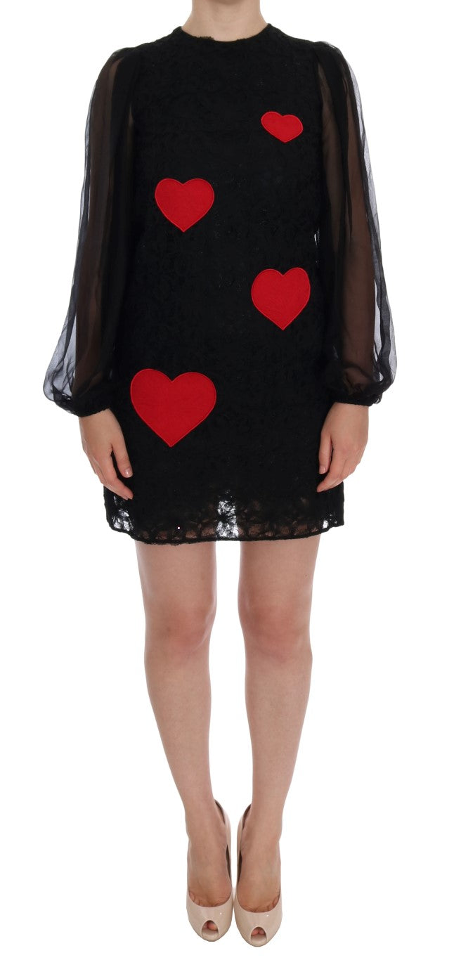 Robe droite en dentelle noire à cœur rouge Dolce & Gabbana
