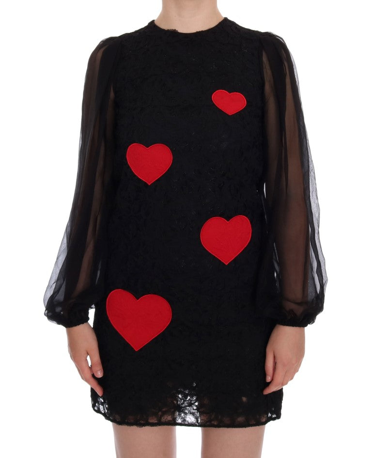 Robe droite en dentelle noire à cœur rouge Dolce & Gabbana