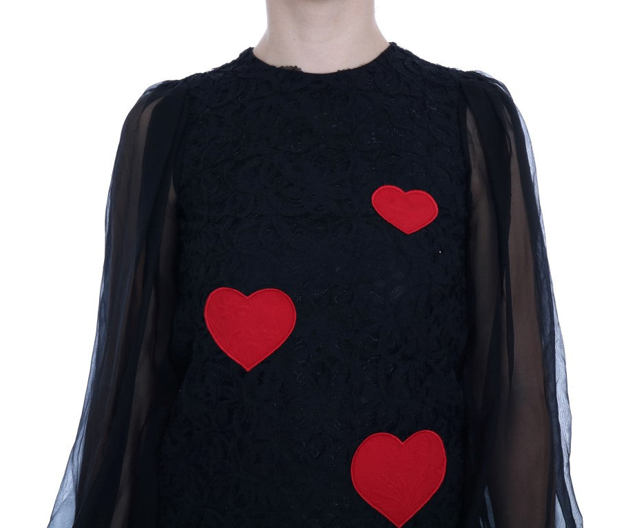 Robe droite en dentelle noire à cœur rouge Dolce & Gabbana