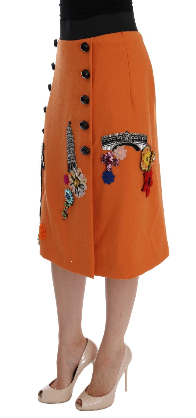 Jupe Dolce & Gabbana en laine orange avec appliques de paillettes et cristaux