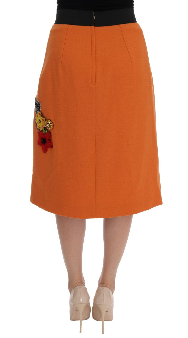 Jupe Dolce & Gabbana en laine orange avec appliques de paillettes et cristaux