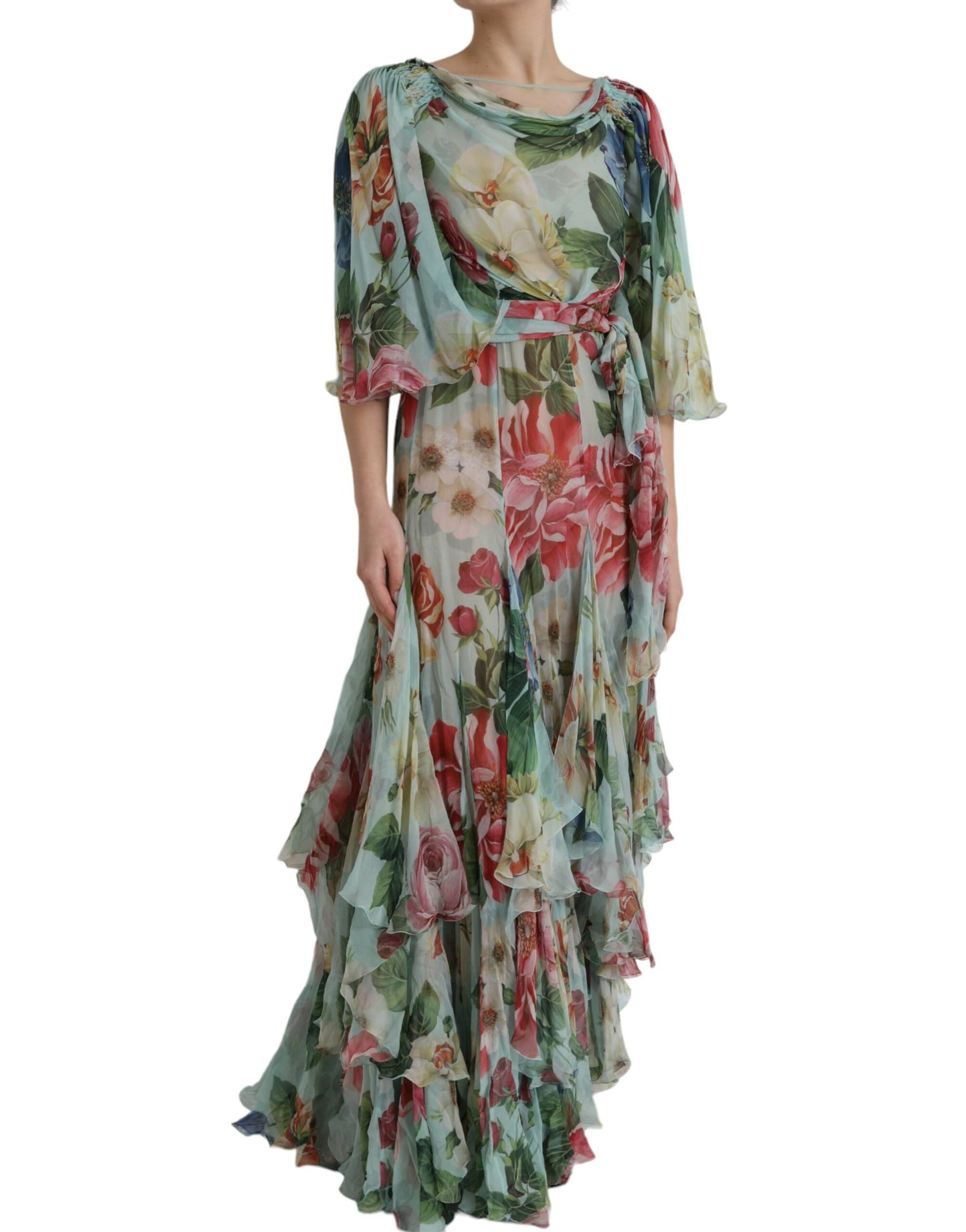 Robe longue à volants et imprimé floral bleu Dolce & Gabbana