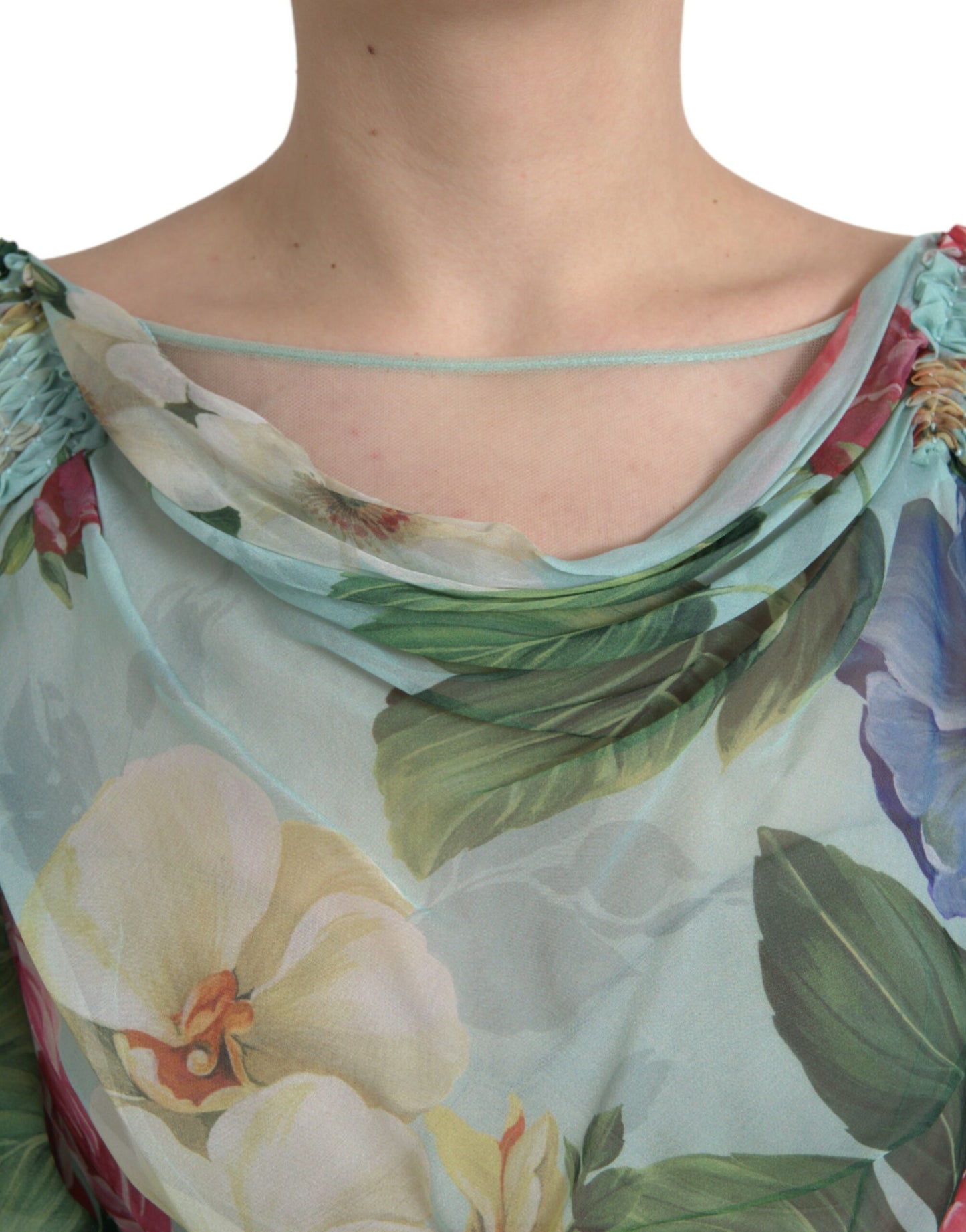 Robe longue à volants et imprimé floral bleu Dolce & Gabbana