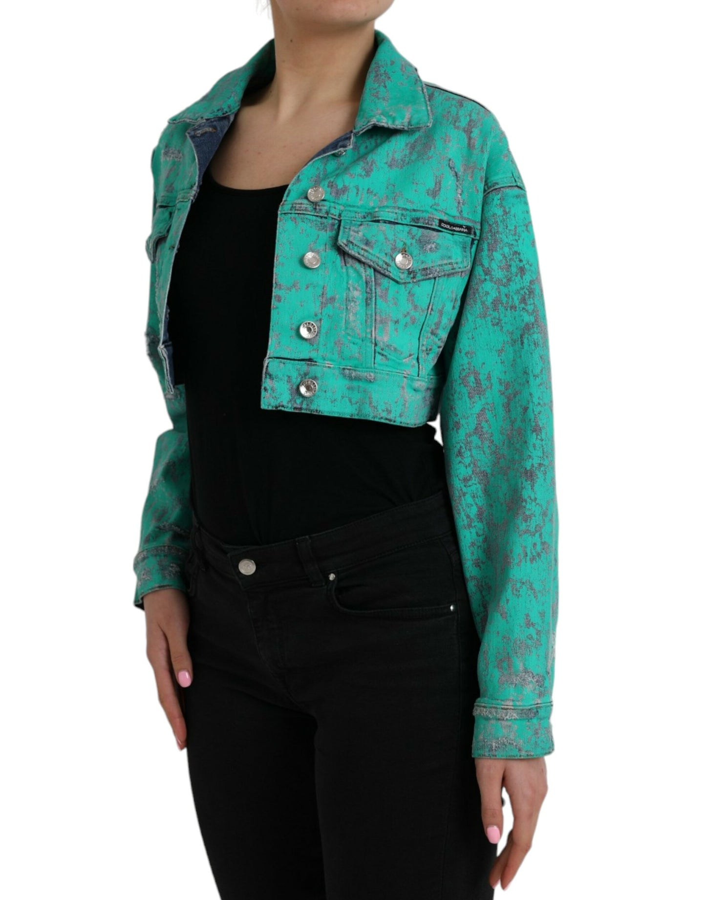 Veste courte en jean tie-dye en coton vert Dolce & Gabbana