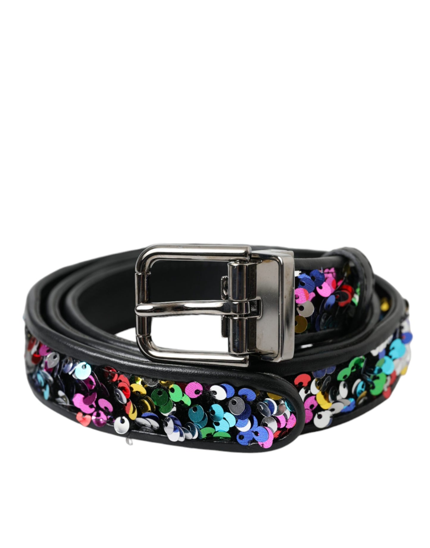 Ceinture Dolce & Gabbana noire à paillettes et boucle en métal argenté pour femme