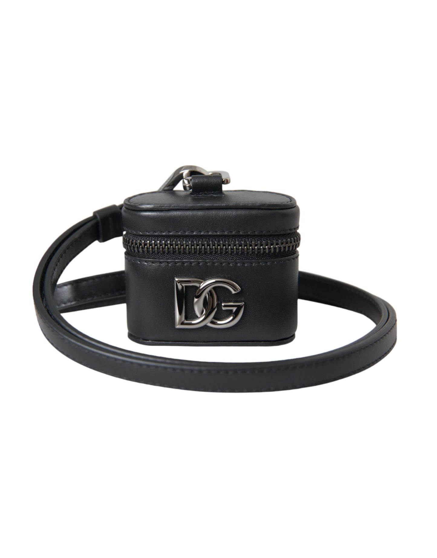 Étui pour Airpods Dolce & Gabbana en cuir noir avec logo DG et métal argenté