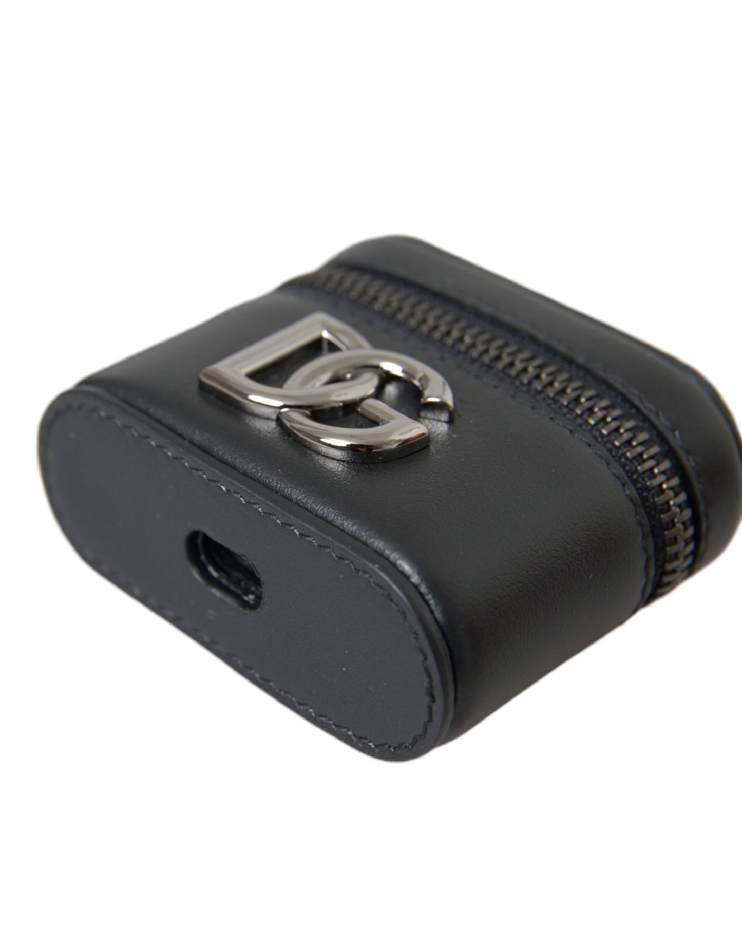 Étui pour Airpods Dolce & Gabbana en cuir noir avec logo DG et métal argenté