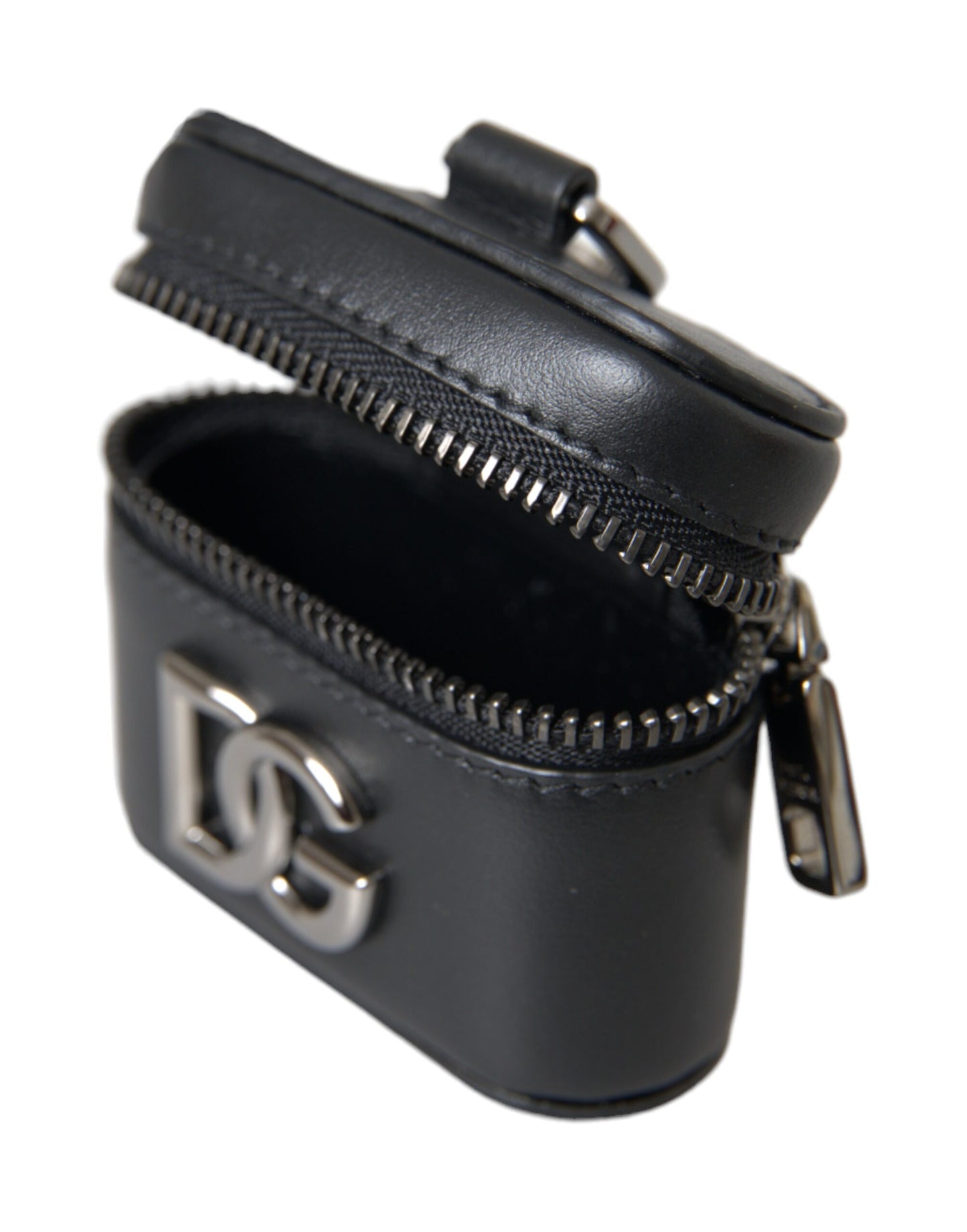 Étui pour Airpods Dolce & Gabbana en cuir noir avec logo DG et métal argenté