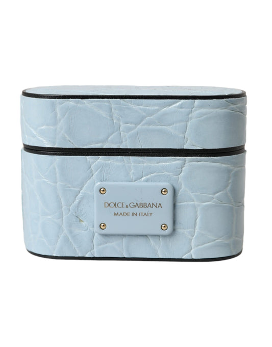 Étui pour Airpods Dolce & Gabbana en cuir bleu clair avec logo en métal