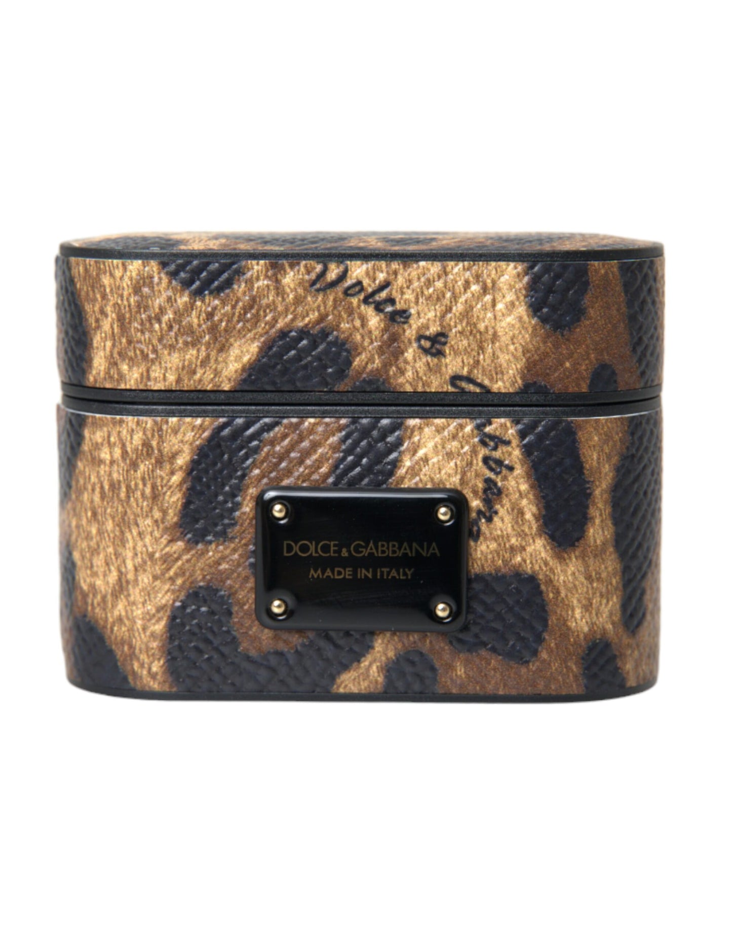 Étui pour Airpods Dolce & Gabbana en cuir de veau léopard marron avec plaque métallique et logo