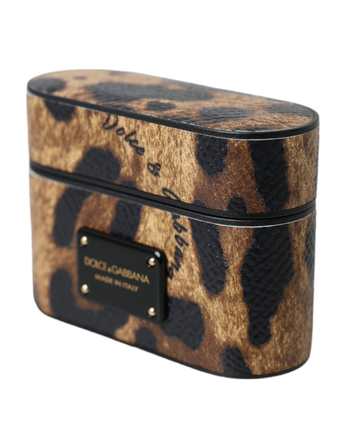 Étui pour Airpods Dolce & Gabbana en cuir de veau léopard marron avec plaque métallique et logo