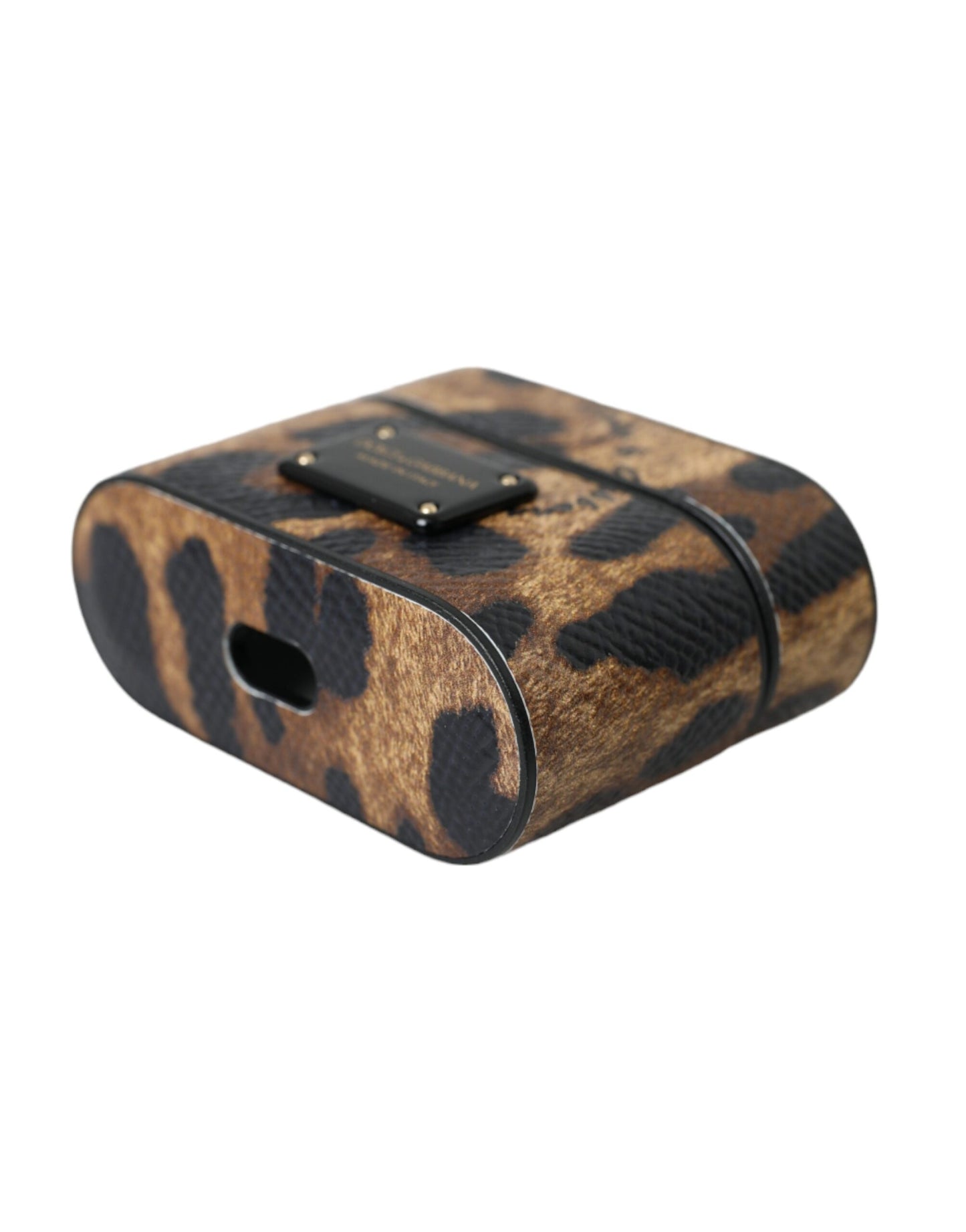 Étui pour Airpods Dolce & Gabbana en cuir de veau léopard marron avec plaque métallique et logo