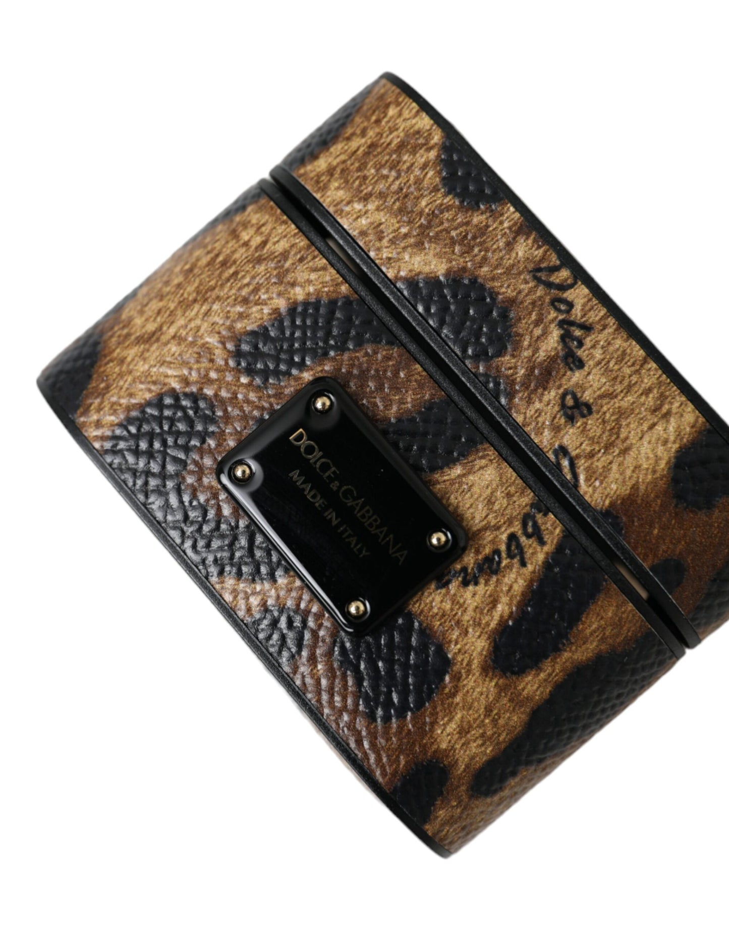 Étui pour Airpods Dolce & Gabbana en cuir de veau léopard marron avec plaque métallique et logo