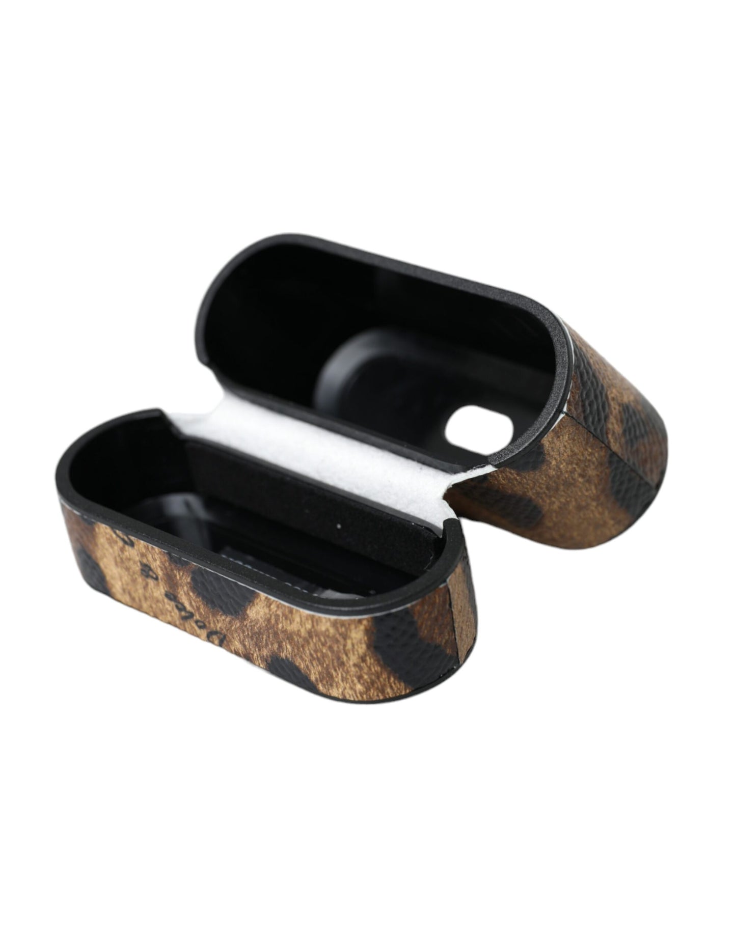 Étui pour Airpods Dolce & Gabbana en cuir de veau léopard marron avec plaque métallique et logo