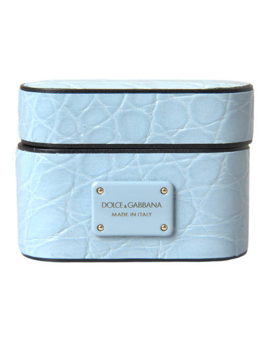 Étui pour Airpods Dolce & Gabbana en cuir bleu clair avec logo en métal