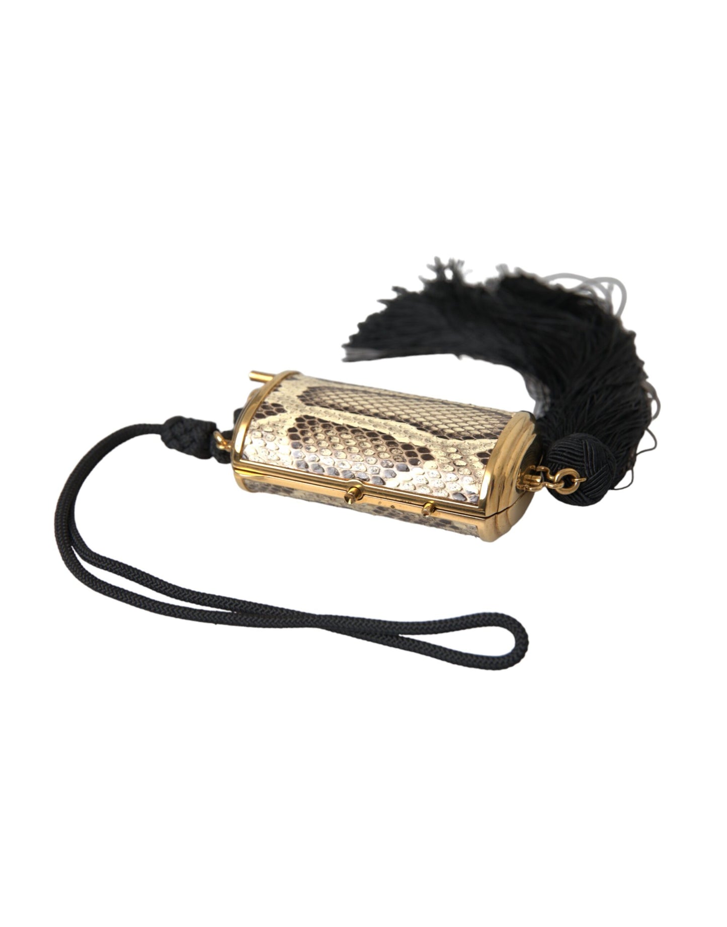 Mini trousse à maquillage à pompon et miroir en cuir exotique beige Dolce & Gabbana