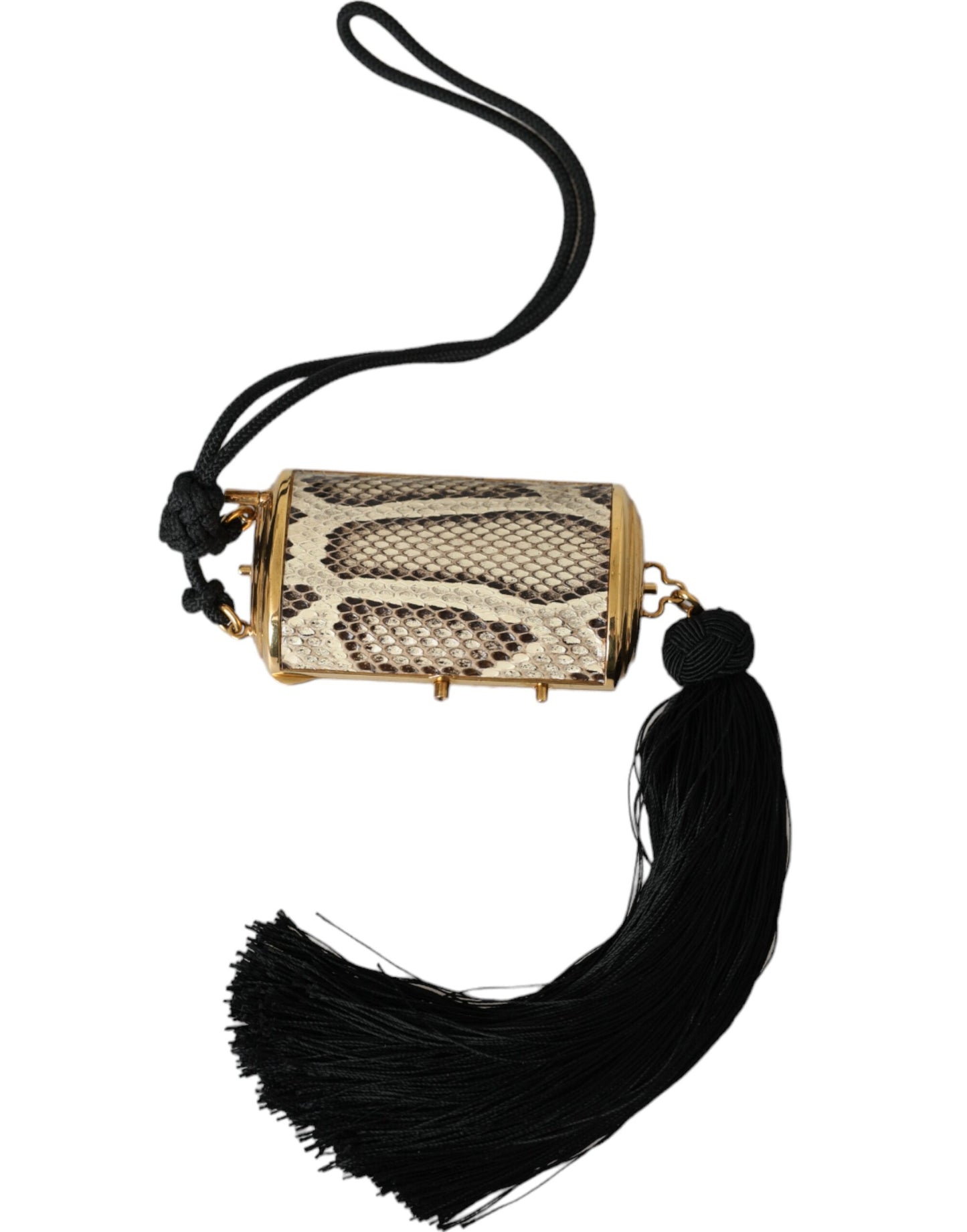 Mini trousse à maquillage à pompon et miroir en cuir exotique beige Dolce & Gabbana