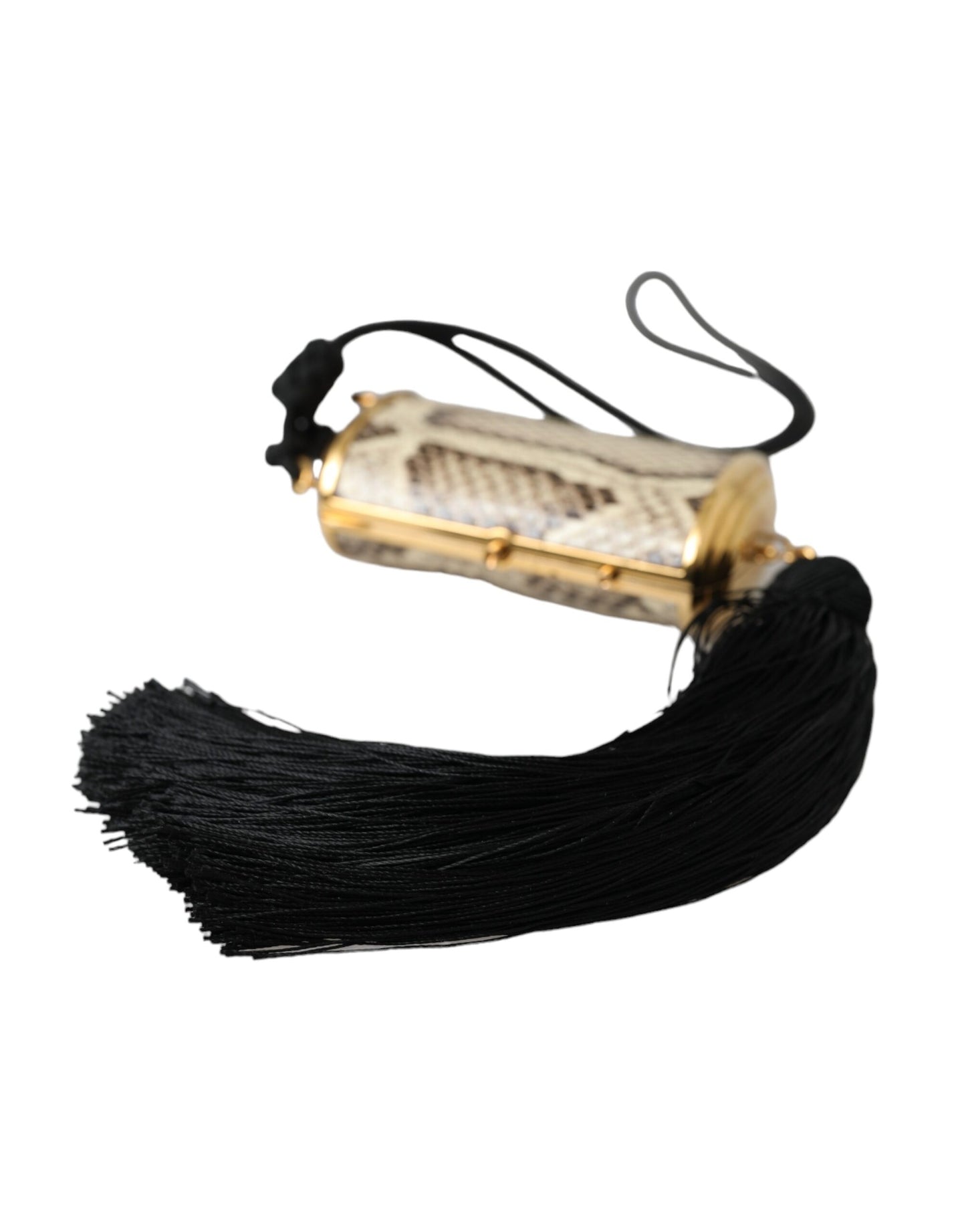 Mini trousse à maquillage à pompon et miroir en cuir exotique beige Dolce & Gabbana