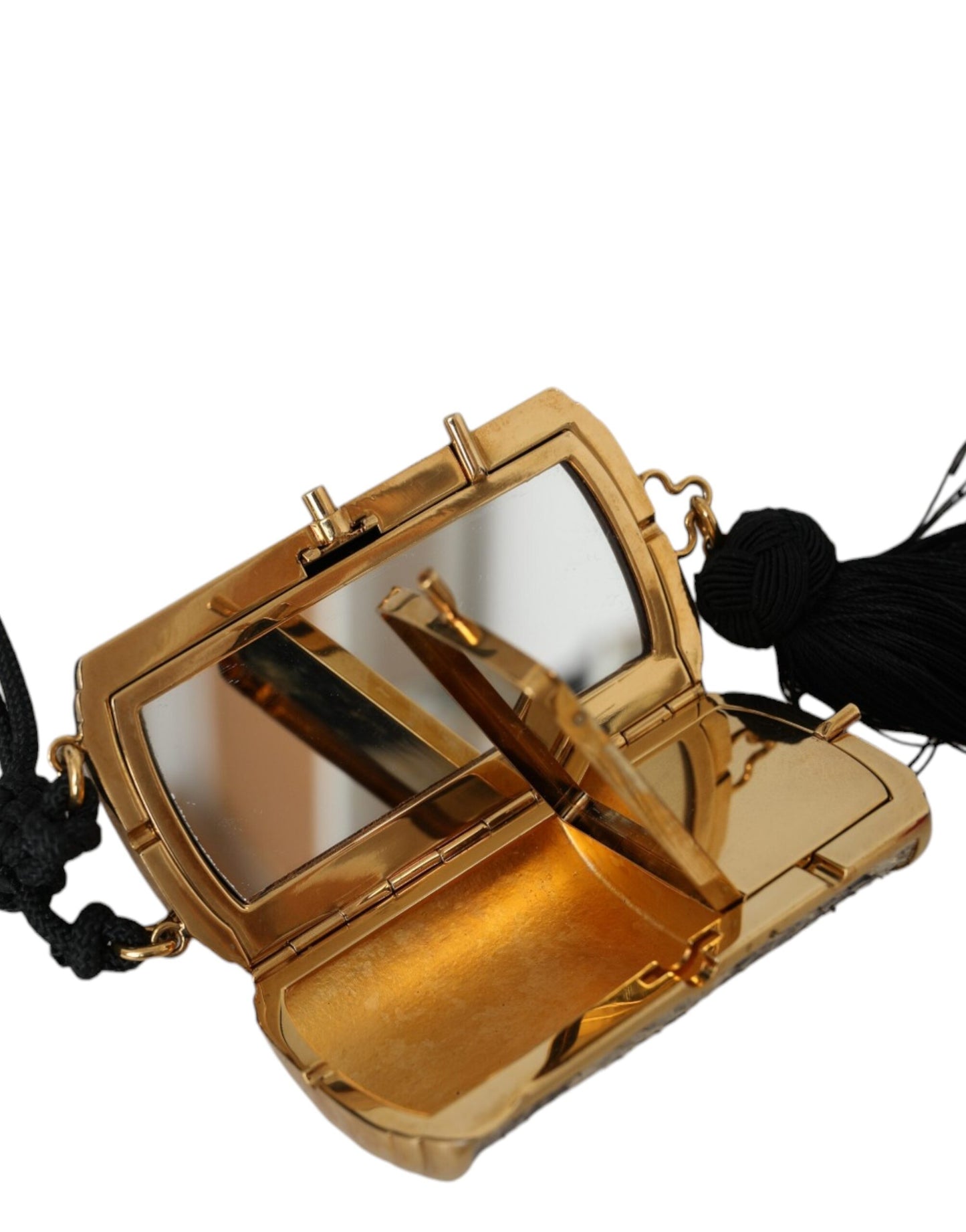 Mini trousse à maquillage à pompon et miroir en cuir exotique beige Dolce & Gabbana