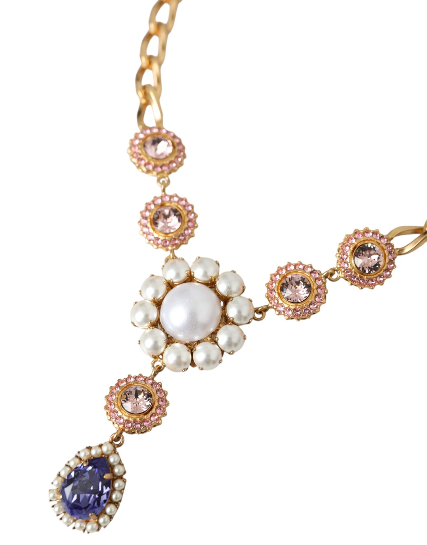 Collier Dolce & Gabbana avec pendentifs en laiton doré et perles violettes et roses