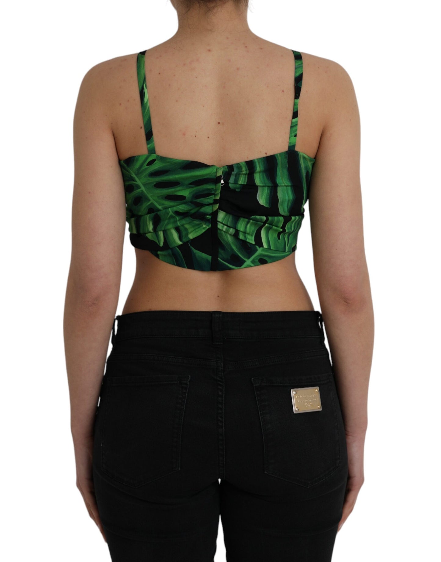 Dolce & Gabbana - Haut court dos nu en soie à motif feuilles noires et vertes