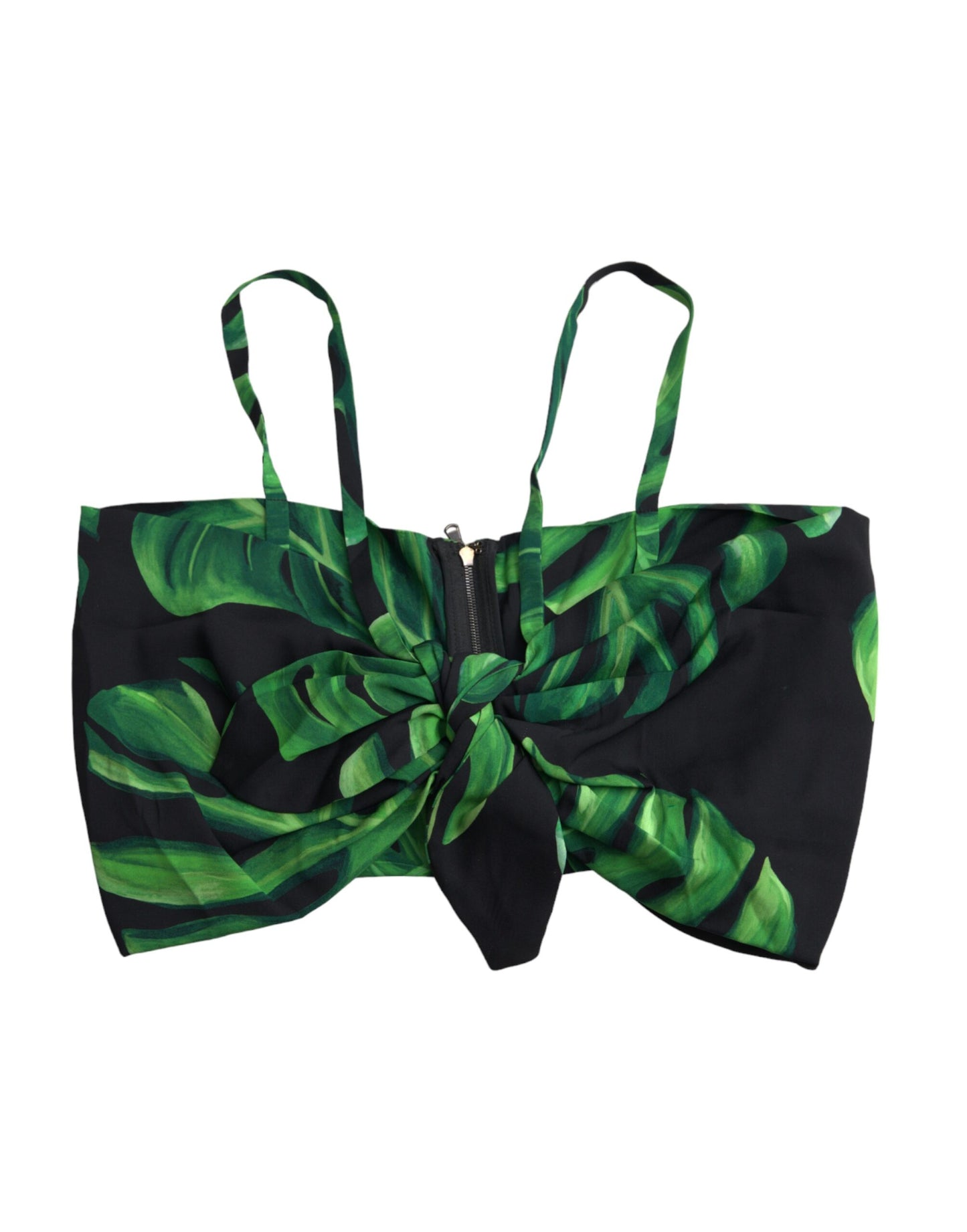 Dolce & Gabbana - Haut court dos nu en soie à motif feuilles noires et vertes