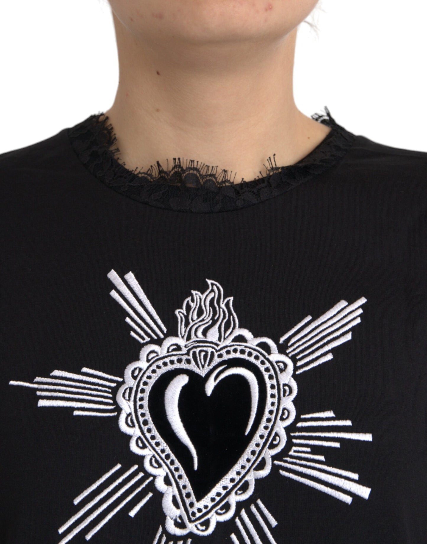 T-shirt en dentelle de coton noir à imprimé Sacré-Cœur Dolce & Gabbana