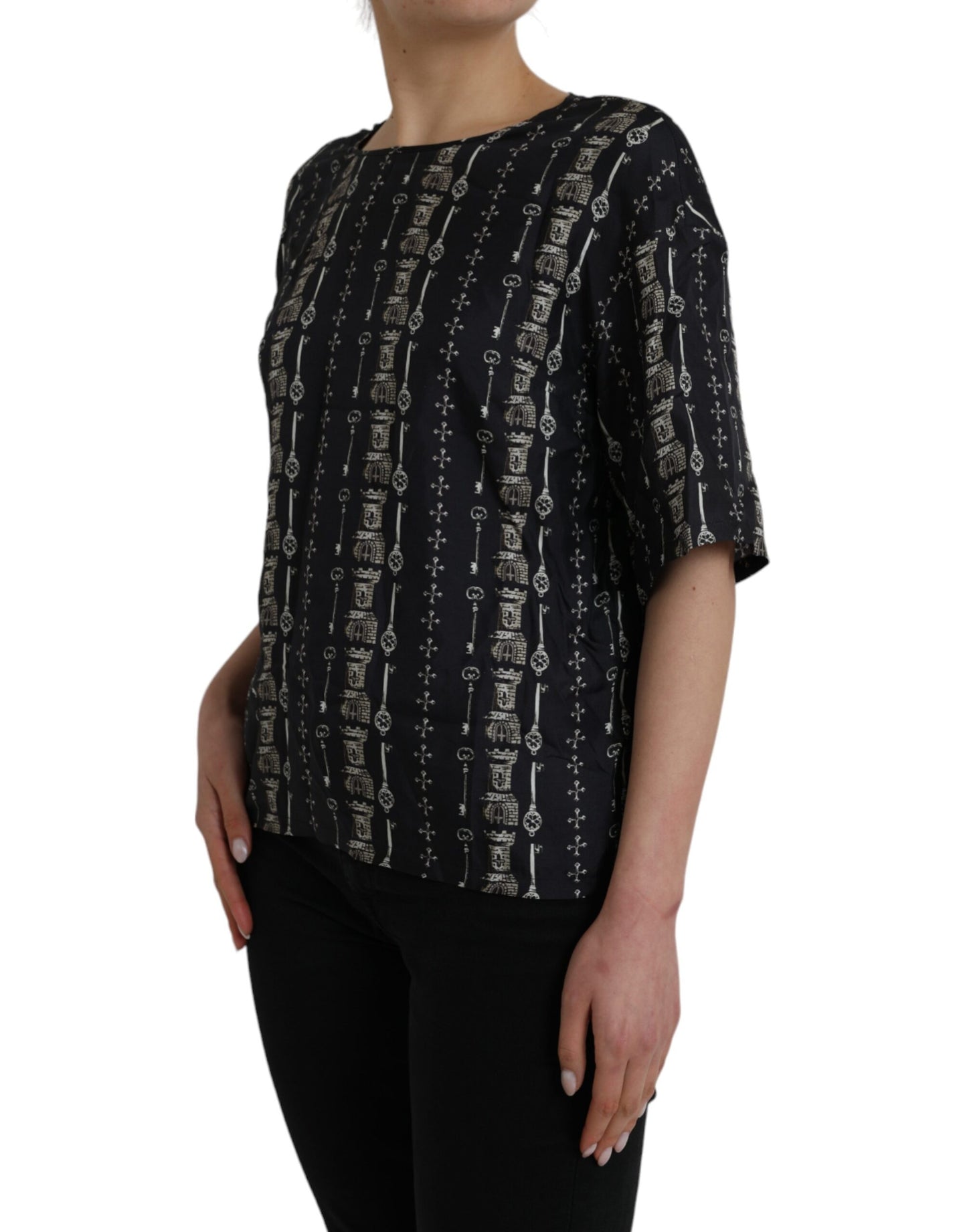 T-shirt chemisier en soie imprimé château Black Key de Dolce & Gabbana