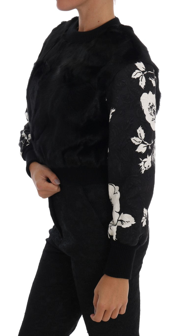 Pull zippé en brocart fleuri et fourrure noire Dolce & Gabbana