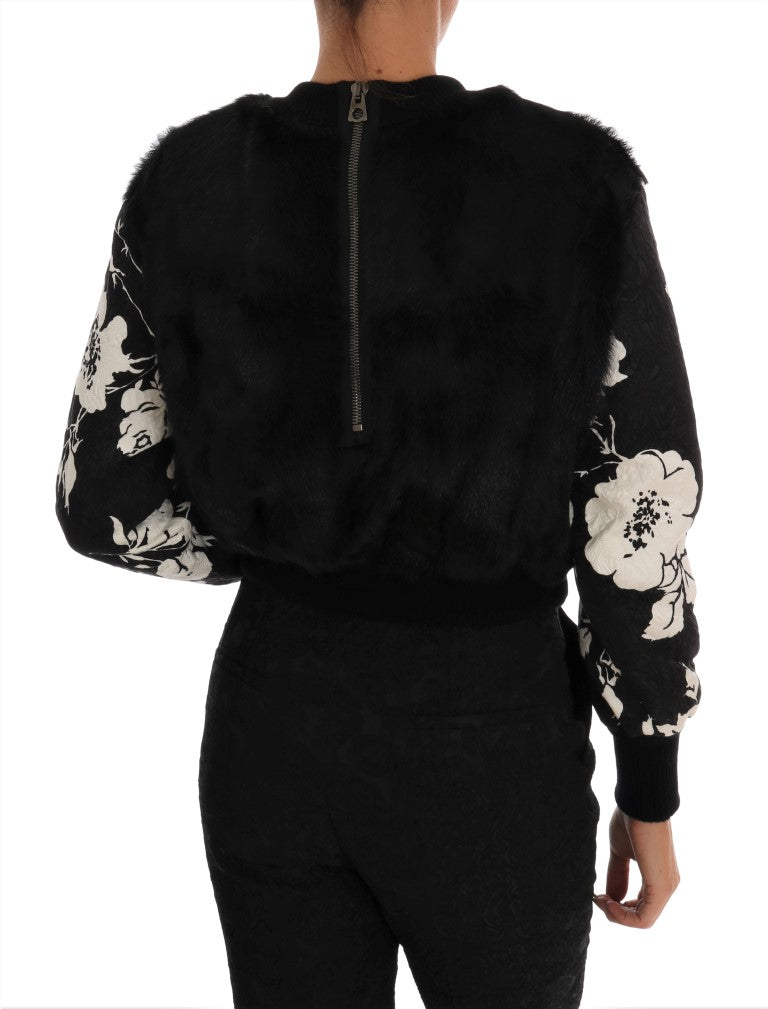 Pull zippé en brocart fleuri et fourrure noire Dolce & Gabbana