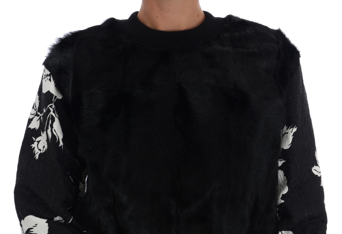Pull zippé en brocart fleuri et fourrure noire Dolce & Gabbana
