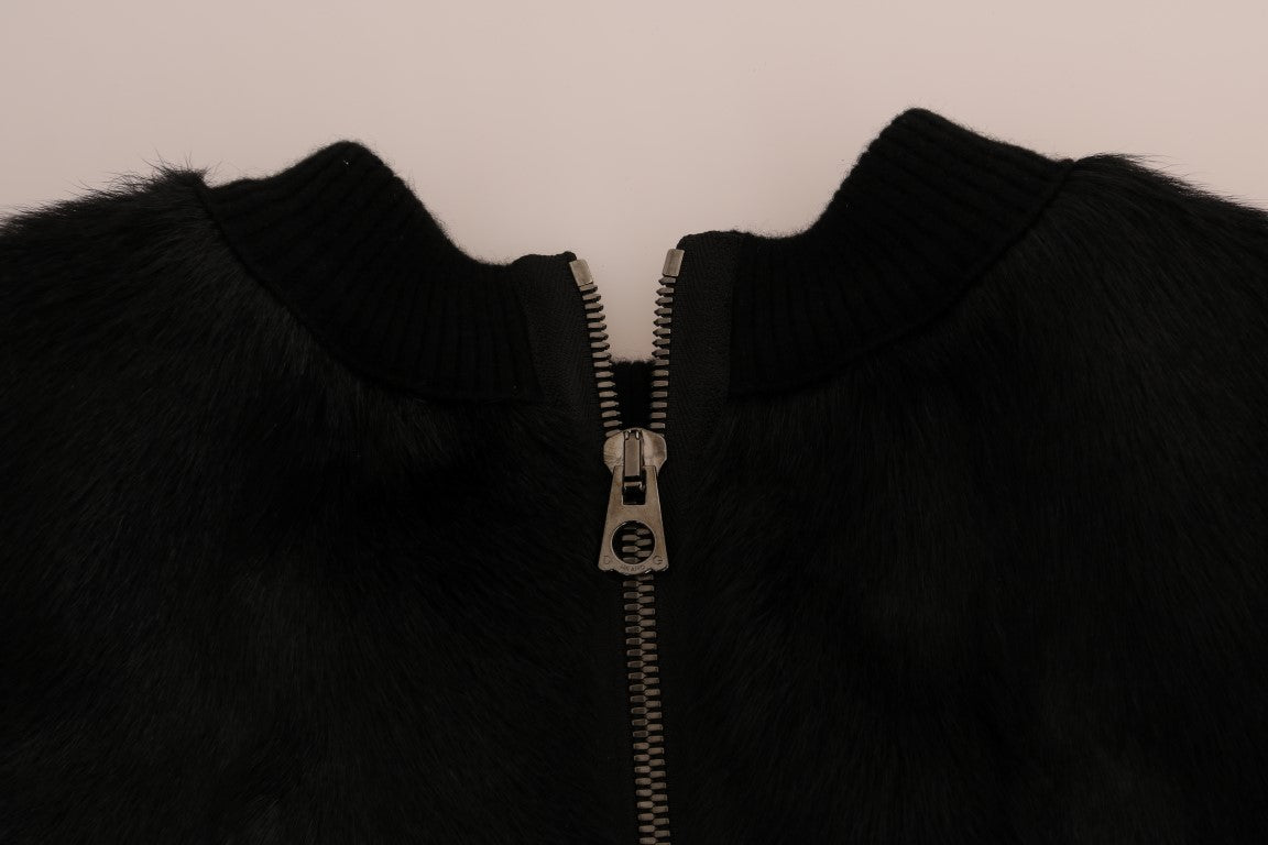 Pull zippé en brocart fleuri et fourrure noire Dolce & Gabbana