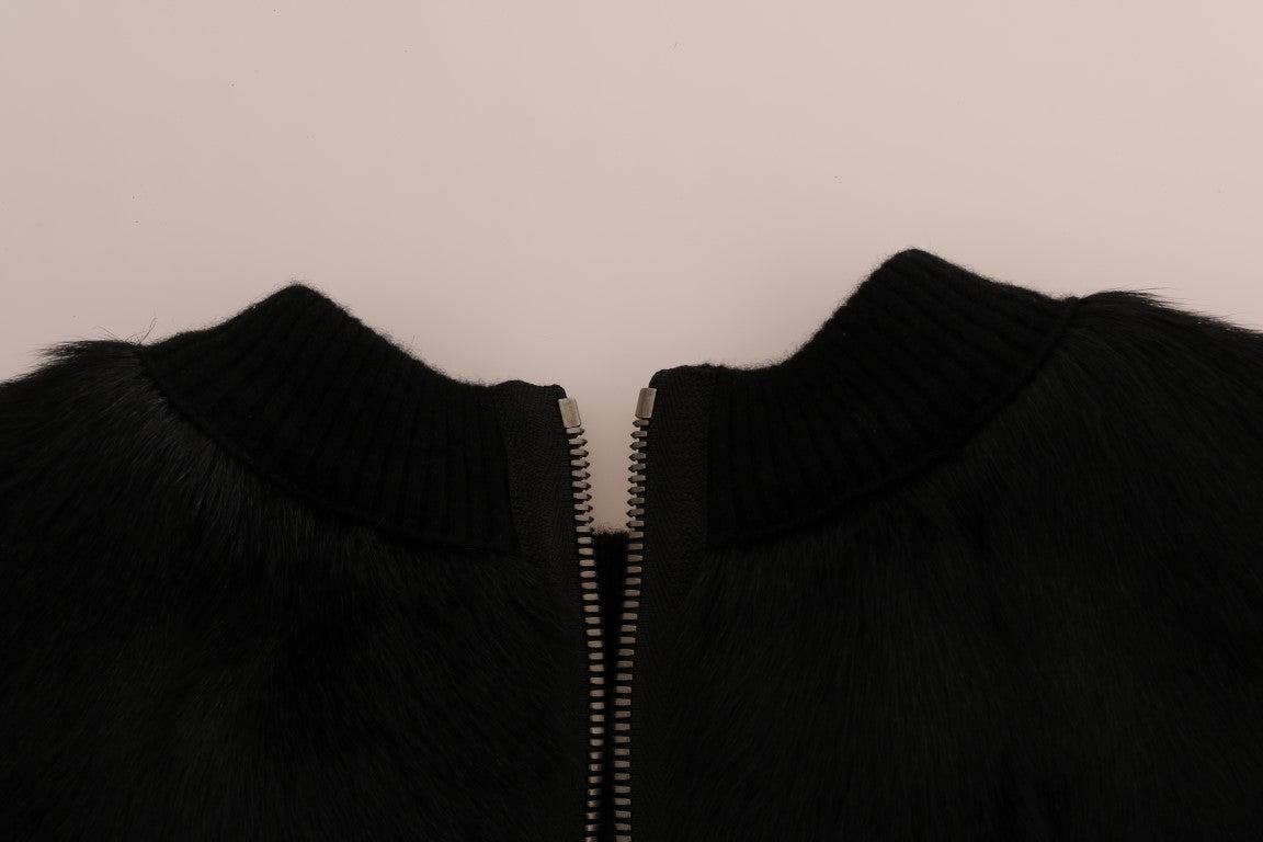 Pull zippé en brocart fleuri et fourrure noire Dolce & Gabbana
